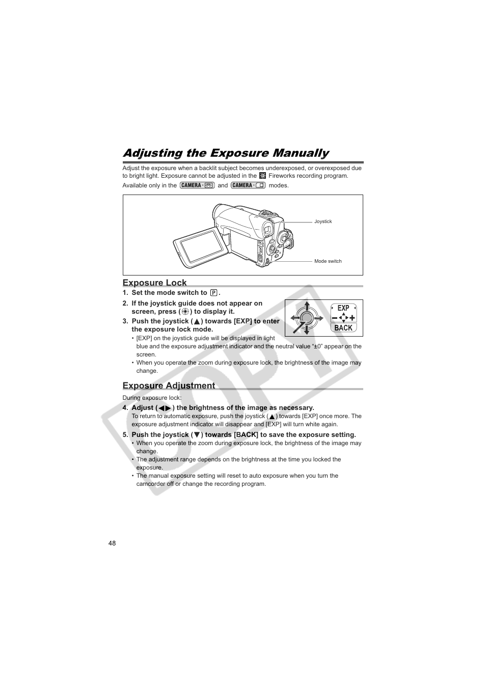 Adjusting the exposure manually, Exposure lock, Exposure adjustment | Canon Elura 100 User Manual | Page 48 / 132