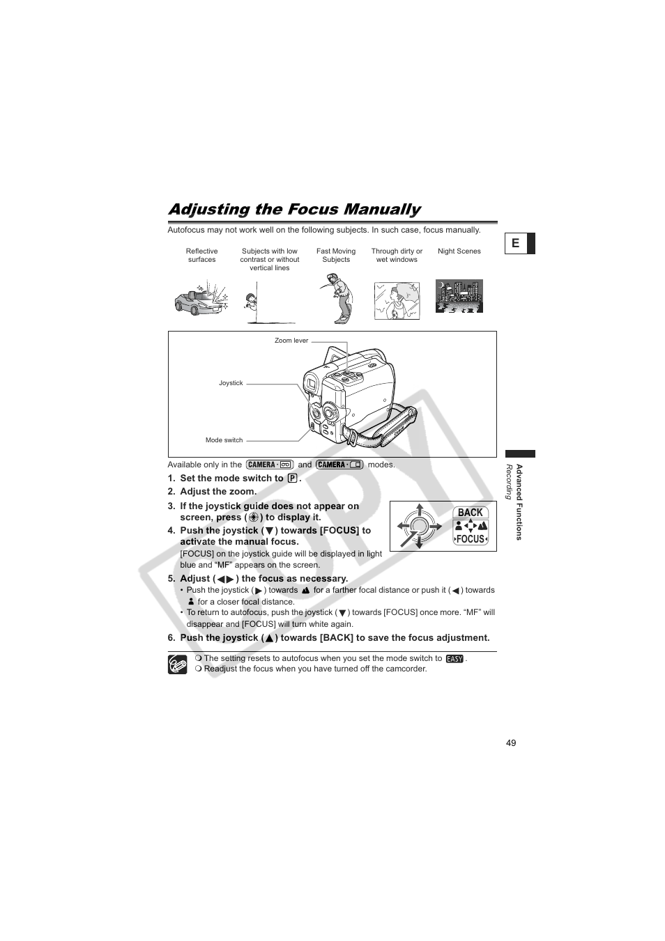 Adjusting the focus manually | Canon Elura 100 User Manual | Page 49 / 132