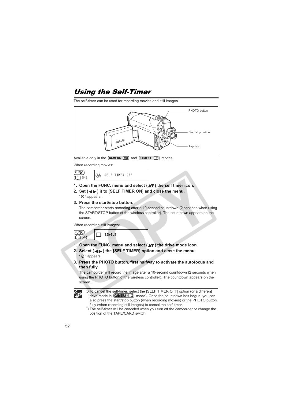 Using the self-timer | Canon Elura 100 User Manual | Page 52 / 132