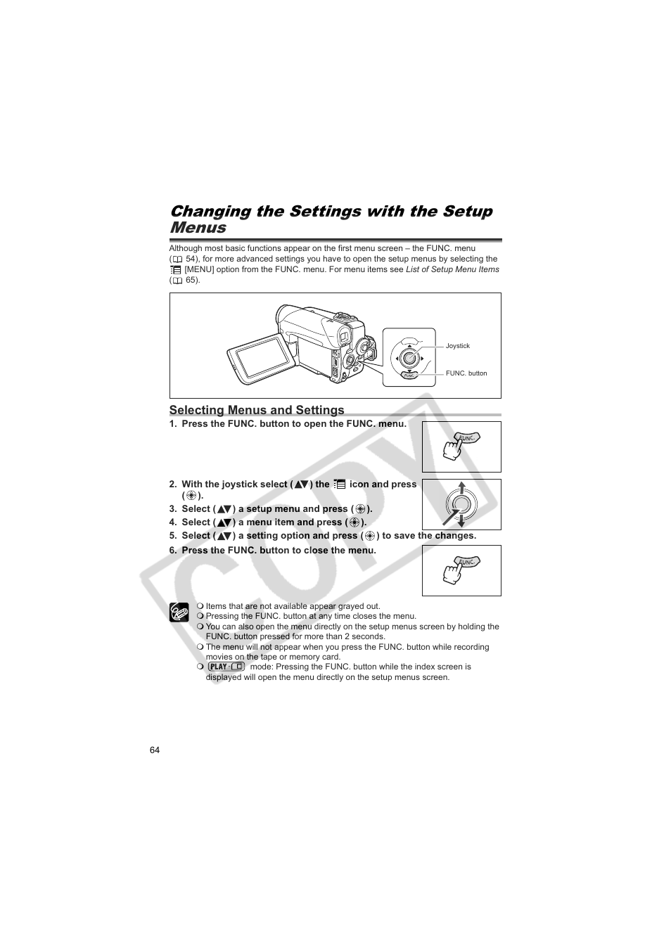 Changing the settings with the setup menus, Selecting menus and settings | Canon Elura 100 User Manual | Page 64 / 132