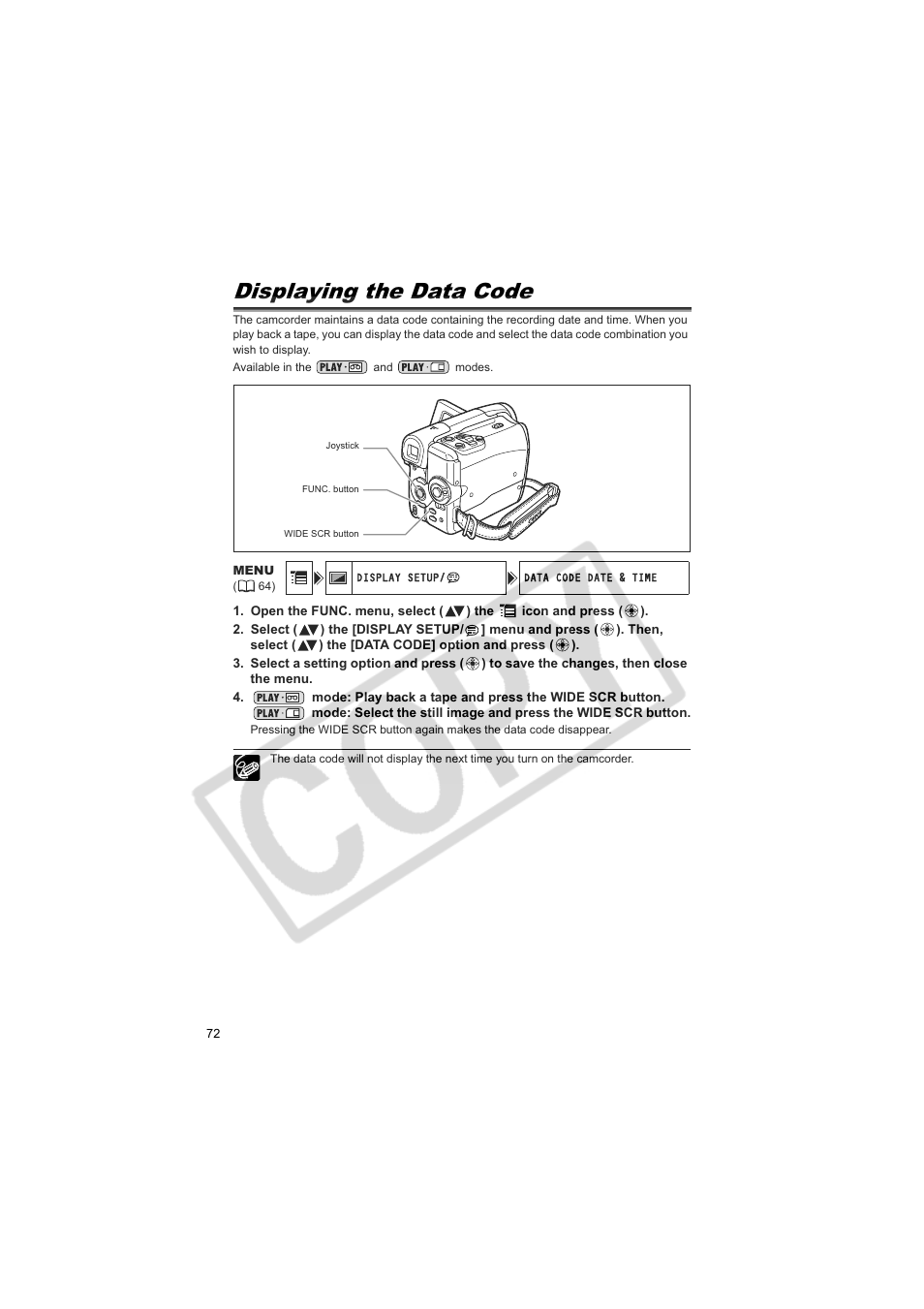 Displaying the data code | Canon Elura 100 User Manual | Page 72 / 132