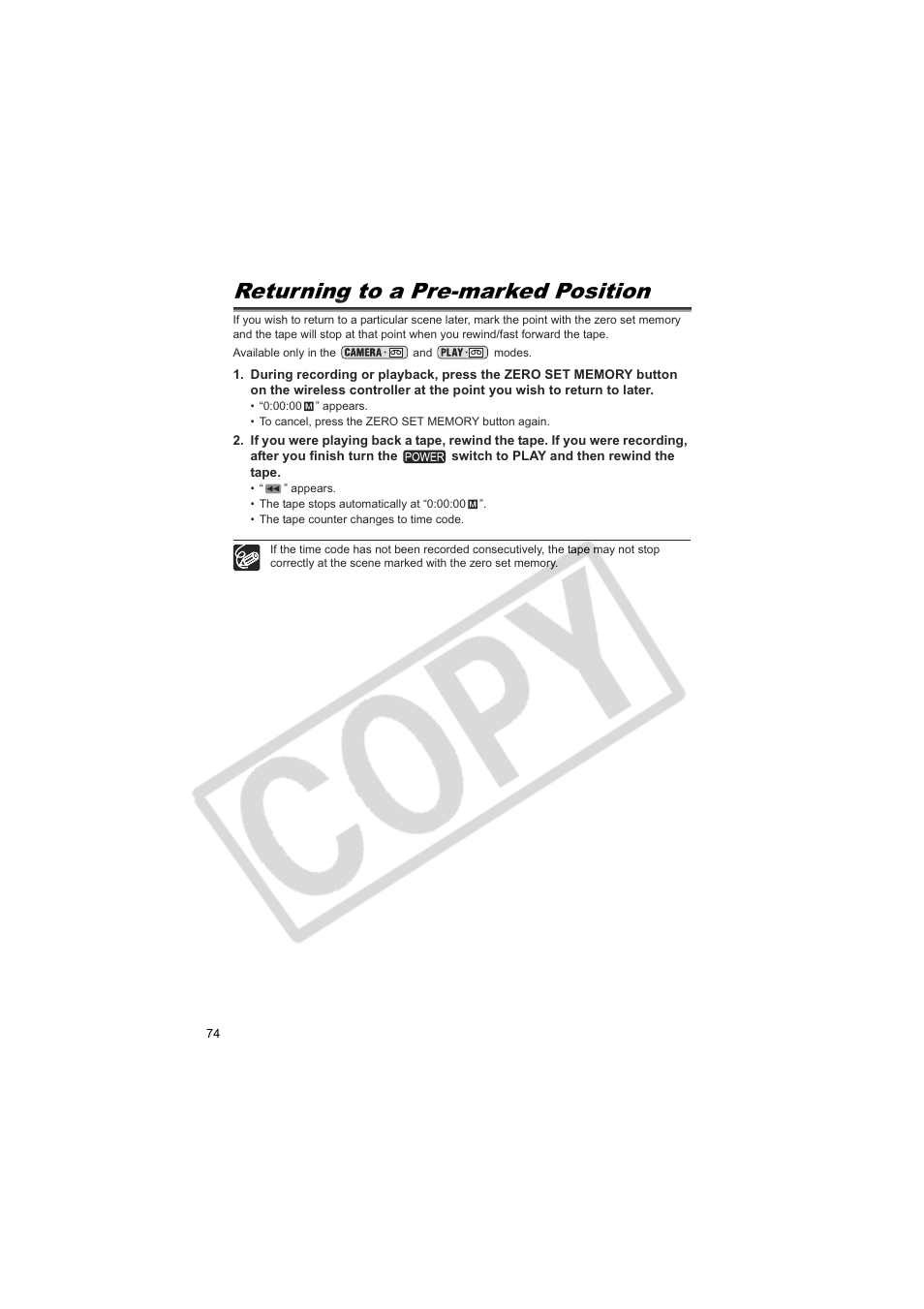 Returning to a pre-marked position | Canon Elura 100 User Manual | Page 74 / 132