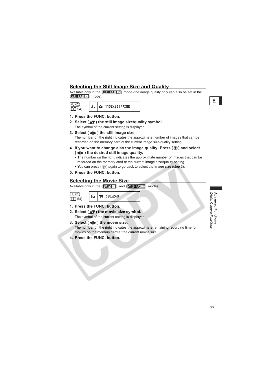 Eselecting the still image size and quality, Selecting the movie size | Canon Elura 100 User Manual | Page 77 / 132