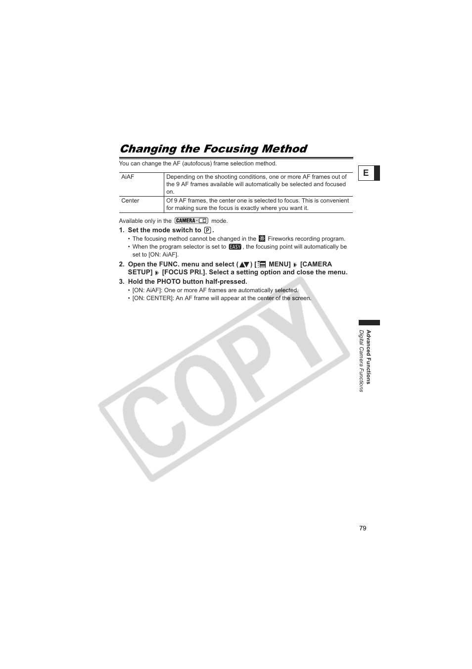 Changing the focusing method | Canon Elura 100 User Manual | Page 79 / 132