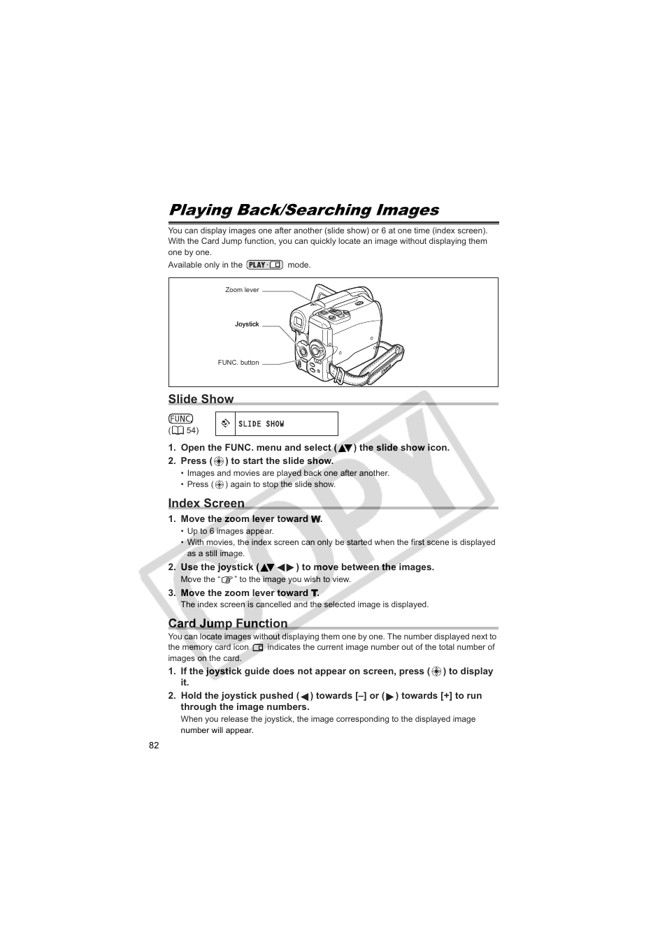 Playing back/searching images, Slide show, Index screen | Card jump function | Canon Elura 100 User Manual | Page 82 / 132