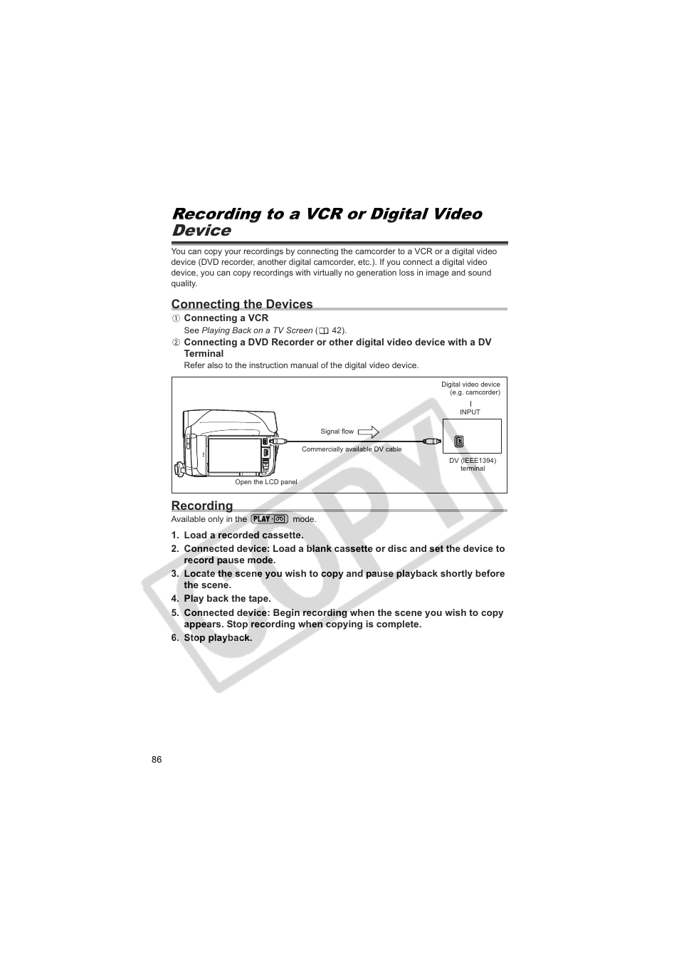 Recording to a vcr or digital video device, Connecting the devices, Recording | Canon Elura 100 User Manual | Page 86 / 132