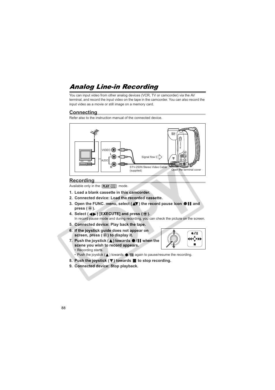 Analog line-in recording, Connecting, Recording | Canon Elura 100 User Manual | Page 88 / 132