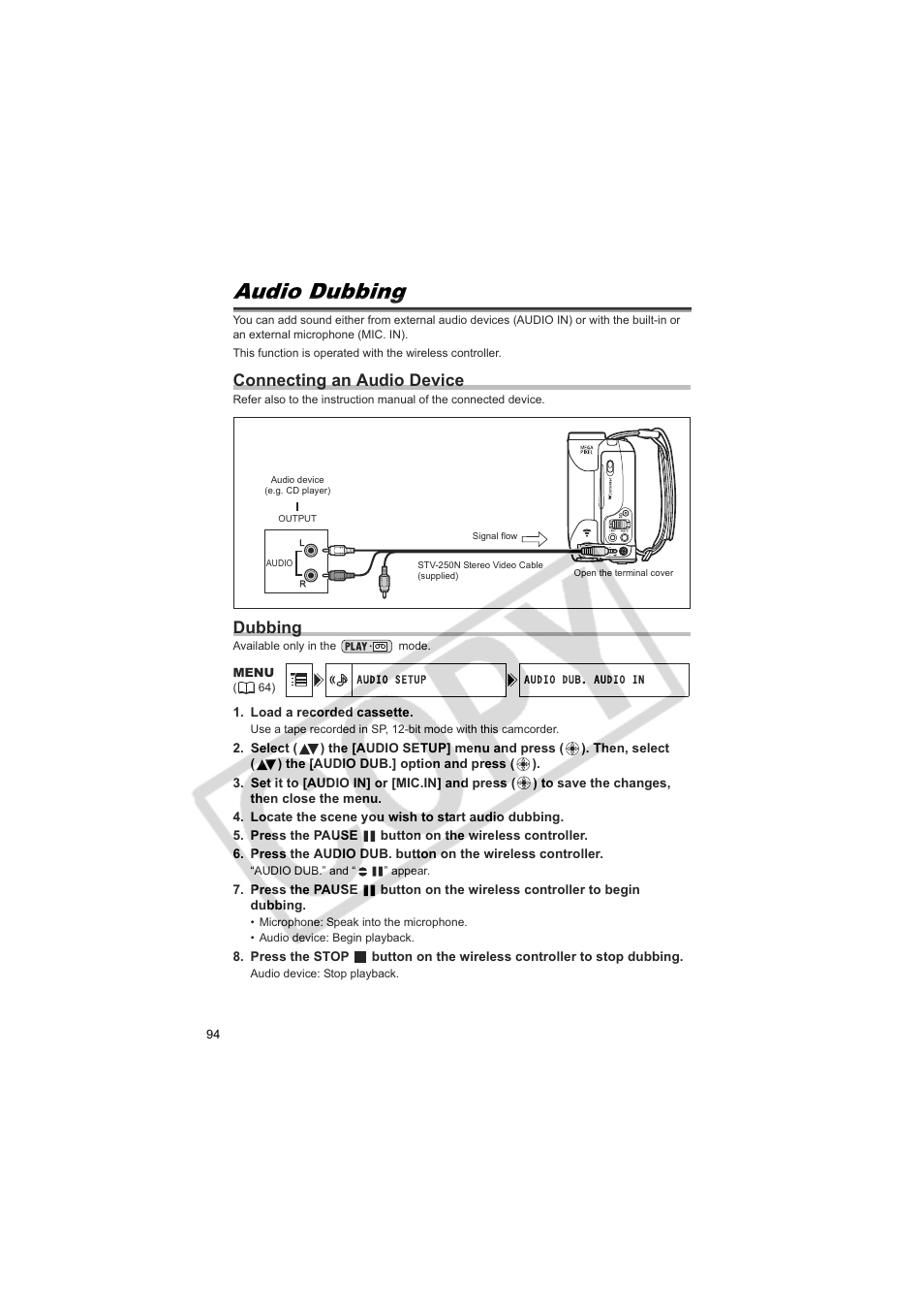 Audio dubbing, Connecting an audio device, Dubbing | Canon Elura 100 User Manual | Page 94 / 132