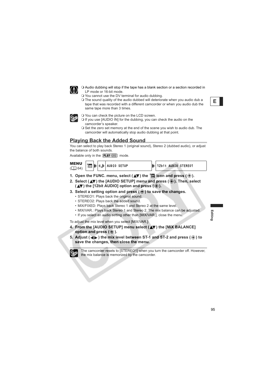 Playing back the added sound | Canon Elura 100 User Manual | Page 95 / 132
