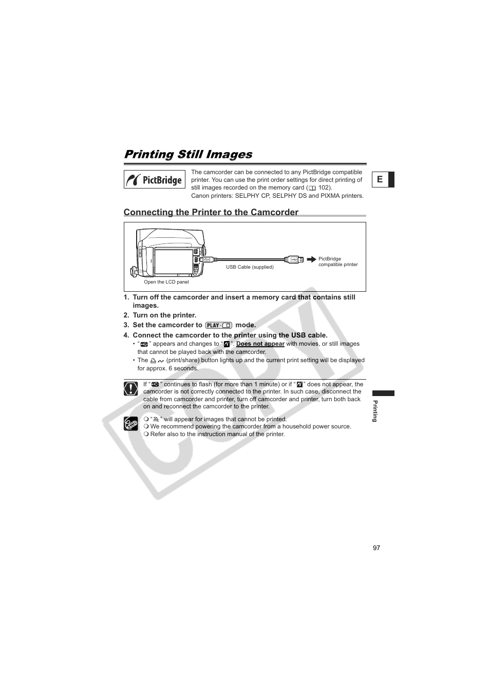 Printing still images, Connecting the printer to the camcorder | Canon Elura 100 User Manual | Page 97 / 132