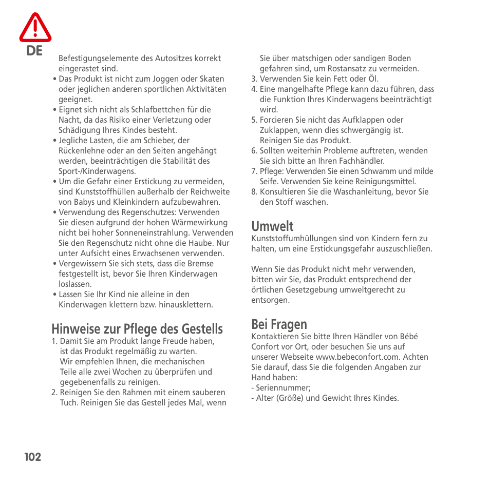 Hinweise zur pflege des gestells, Umwelt, Bei fragen | Bebe Confort Loola 3 User Manual | Page 102 / 136