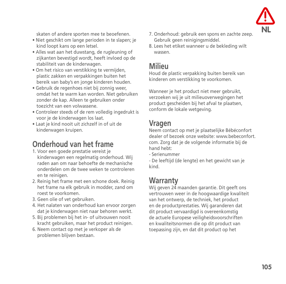 Onderhoud van het frame, Milieu, Vragen | Warranty | Bebe Confort Loola 3 User Manual | Page 105 / 136