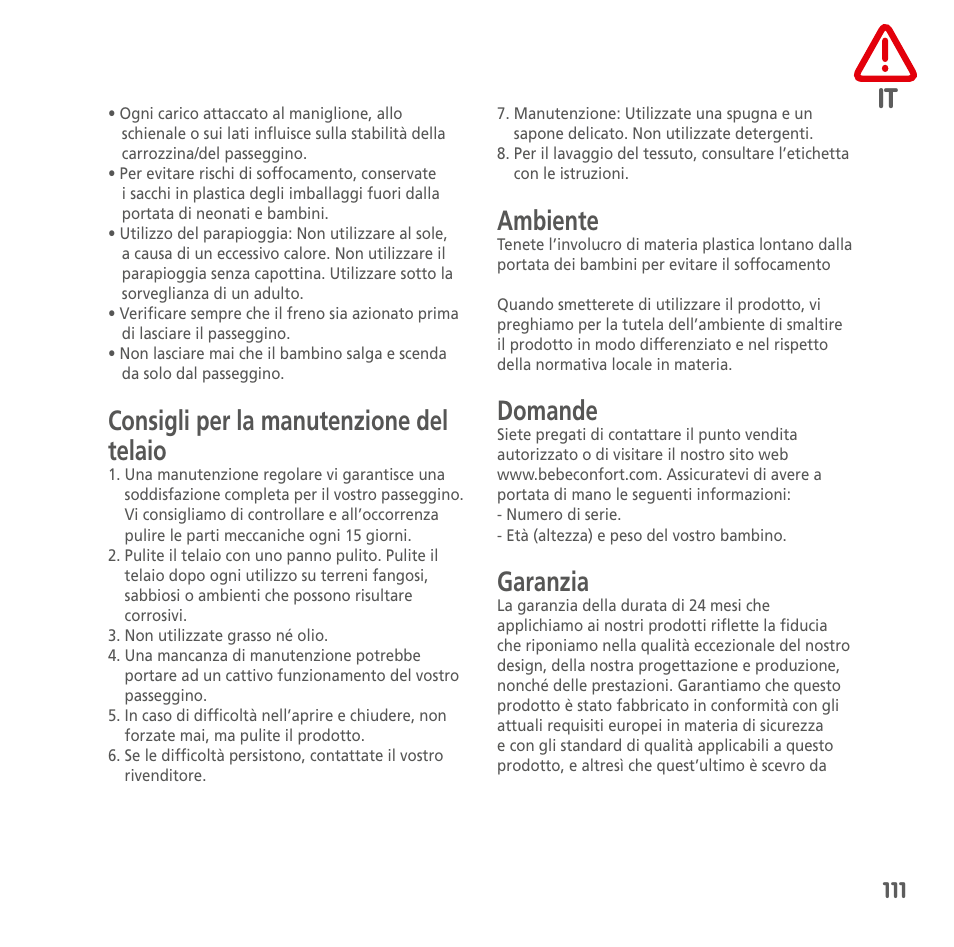 Consigli per la manutenzione del telaio, Ambiente, Domande | Garanzia | Bebe Confort Loola 3 User Manual | Page 111 / 136