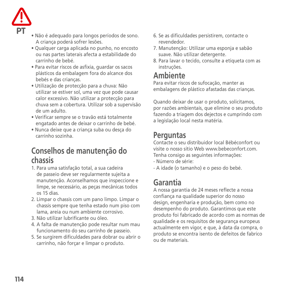 Conselhos de manutenção do chassis, Ambiente, Perguntas | Garantia | Bebe Confort Loola 3 User Manual | Page 114 / 136