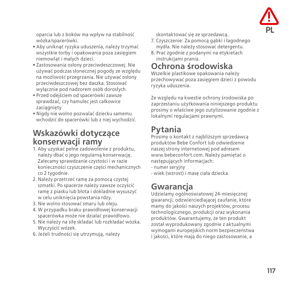 Wskazówki dotyczące konserwacji ramy, Ochrona środowiska, Pytania | Gwarancja | Bebe Confort Loola 3 User Manual | Page 117 / 136
