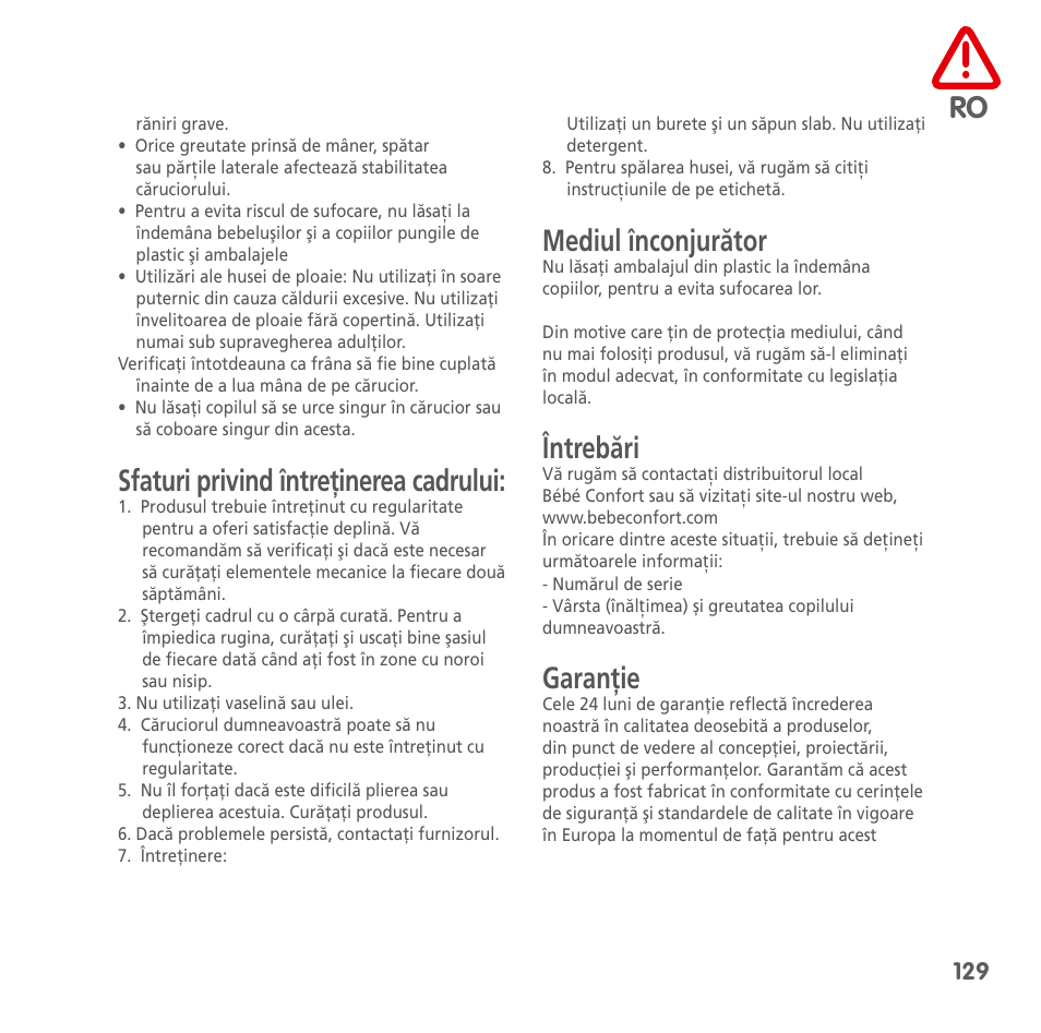 Sfaturi privind întreţinerea cadrului, Mediul înconjurător, Întrebări | Garanţie | Bebe Confort Loola 3 User Manual | Page 129 / 136
