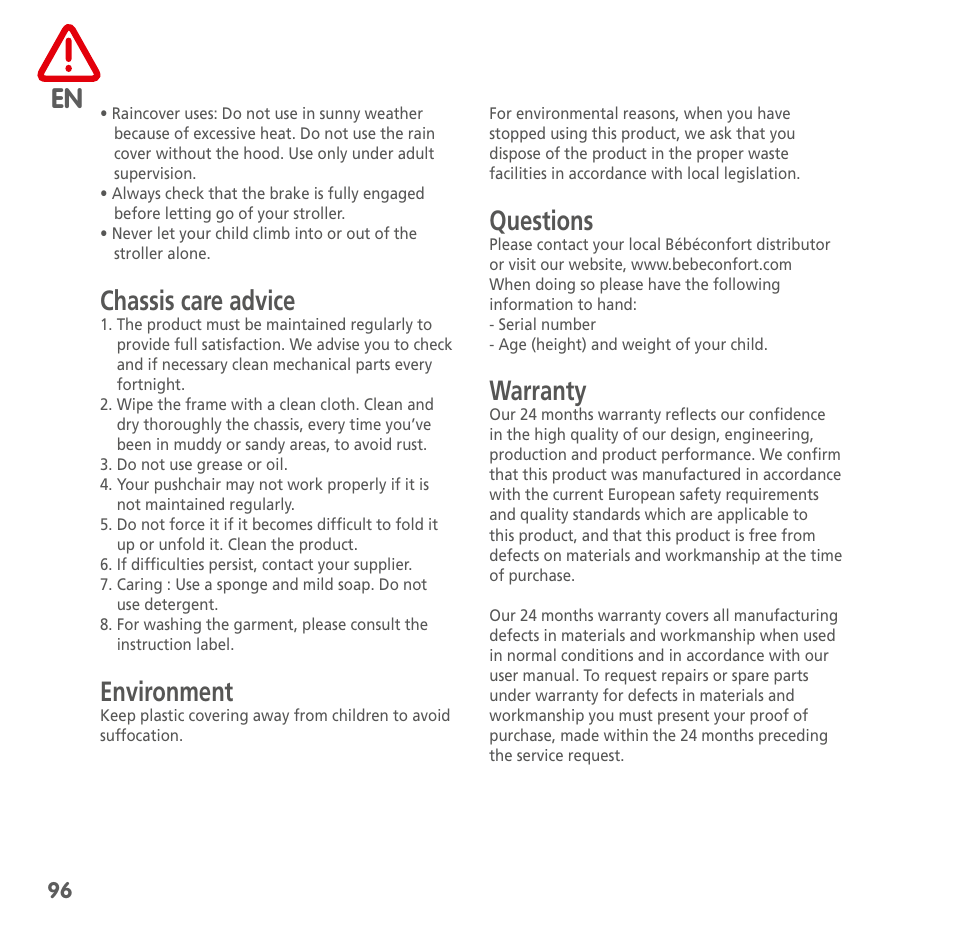 Chassis care advice, Environment, Questions | Warranty | Bebe Confort Loola 3 User Manual | Page 96 / 136