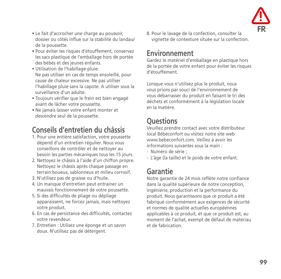 Conseils d’entretien du châssis, Environnement, Questions | Garantie | Bebe Confort Loola 3 User Manual | Page 99 / 136