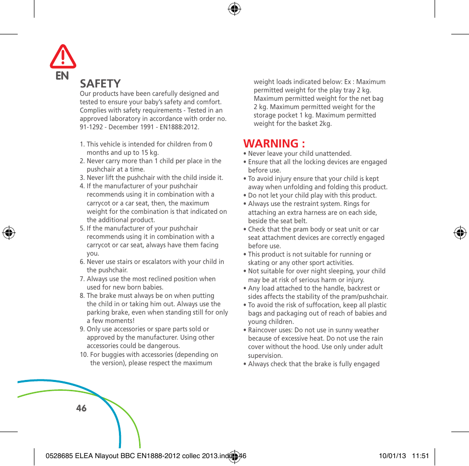 Safety, Warning | Bebe Confort Elea v.2 User Manual | Page 46 / 92