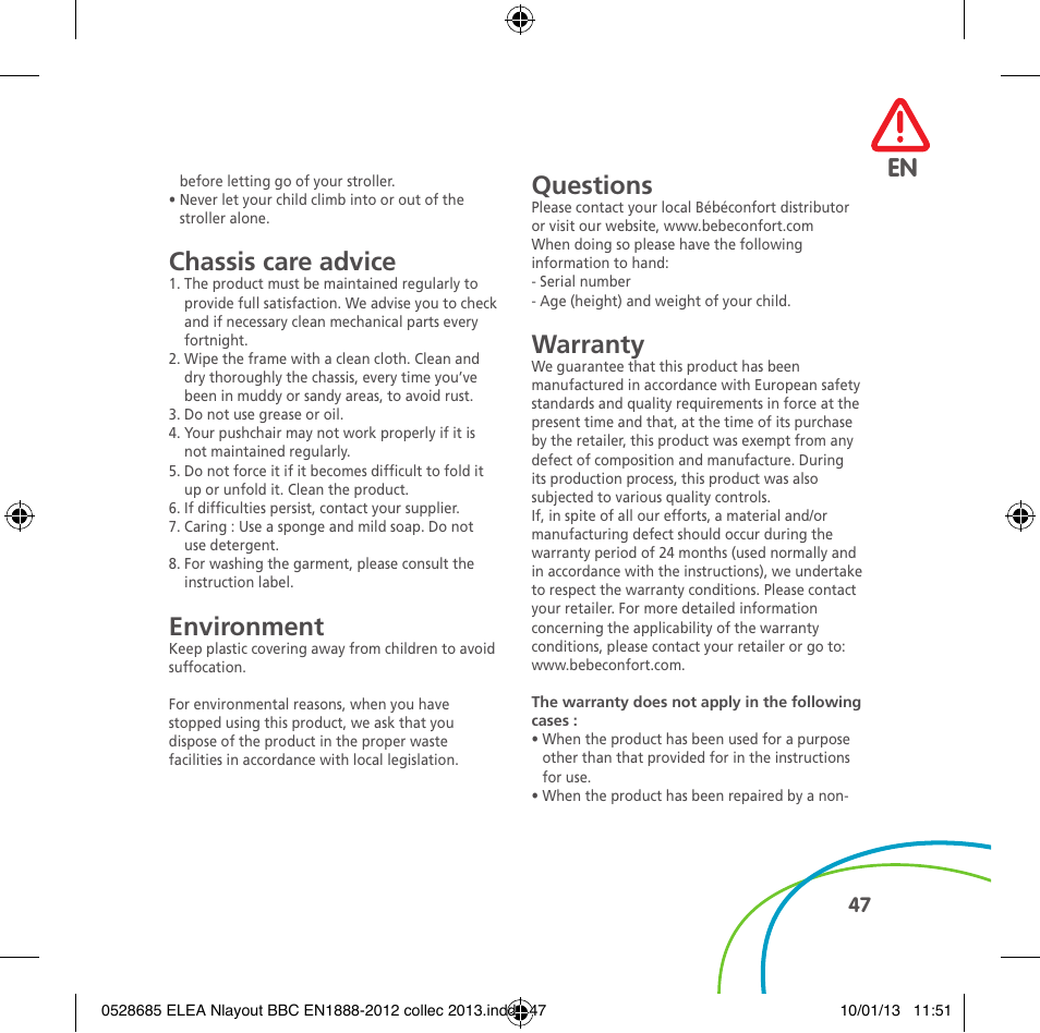 Chassis care advice, Environment, Questions | Warranty | Bebe Confort Elea v.2 User Manual | Page 47 / 92