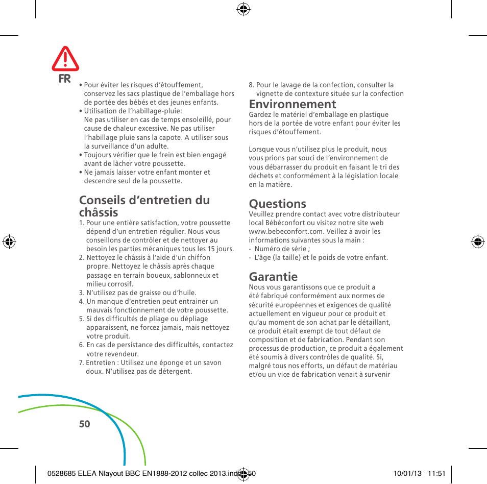 Conseils d’entretien du châssis, Environnement, Questions | Garantie | Bebe Confort Elea v.2 User Manual | Page 50 / 92