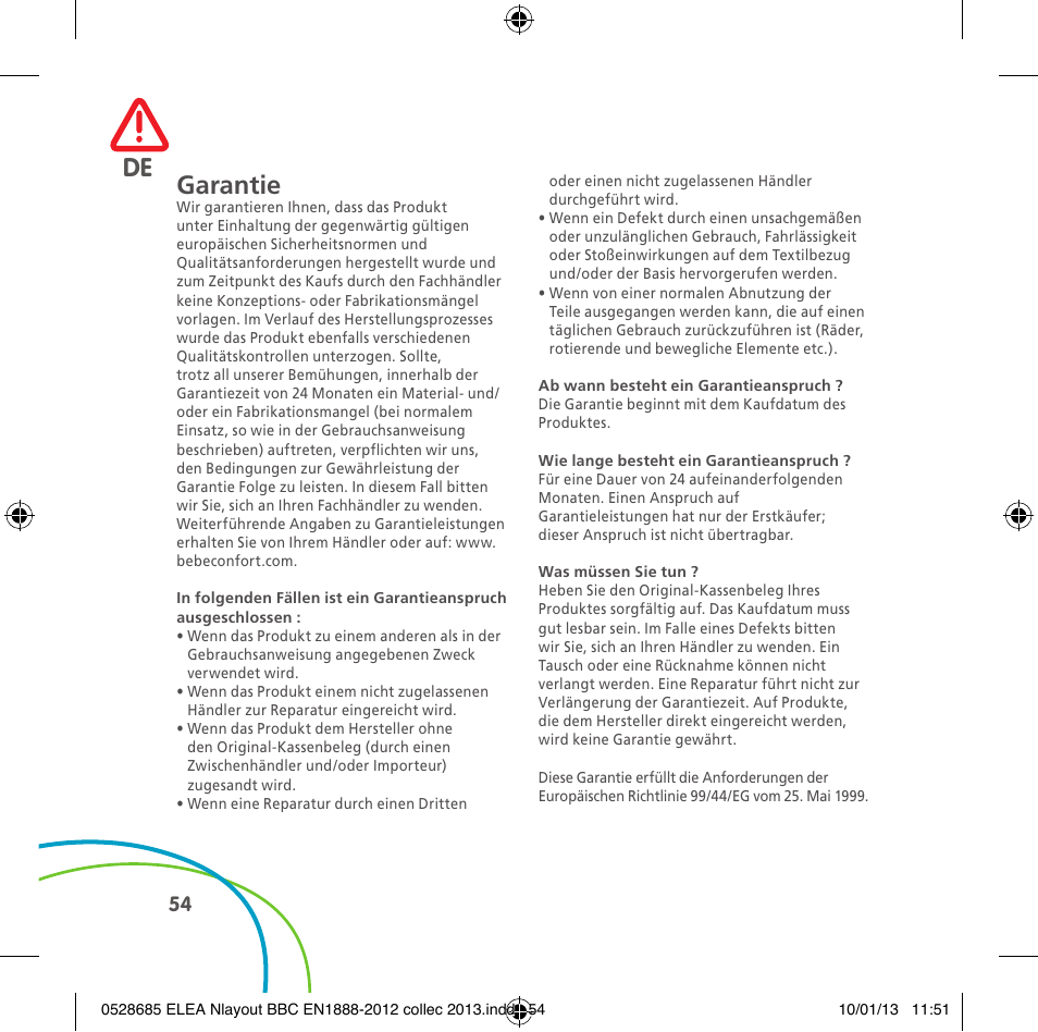 De garantie | Bebe Confort Elea v.2 User Manual | Page 54 / 92