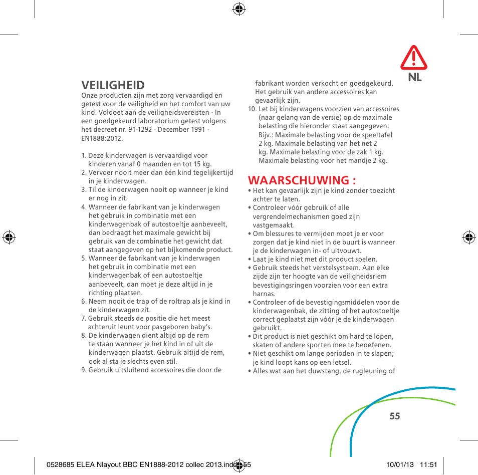 Nl veiligheid, Waarschuwing | Bebe Confort Elea v.2 User Manual | Page 55 / 92