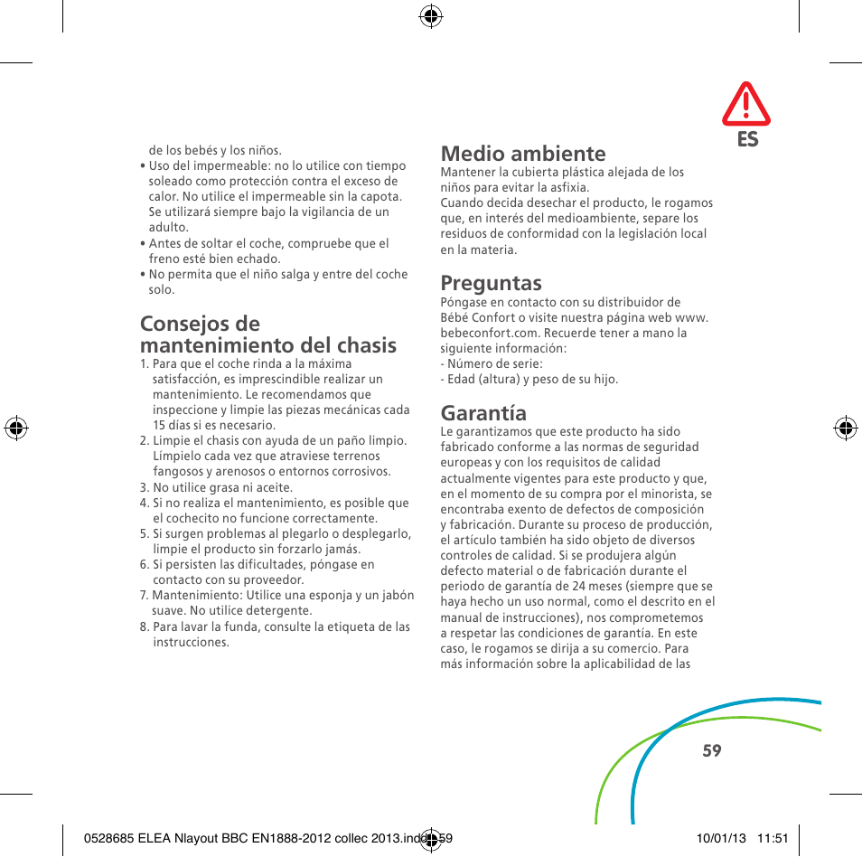 Consejos de mantenimiento del chasis, Medio ambiente, Preguntas | Garantía | Bebe Confort Elea v.2 User Manual | Page 59 / 92