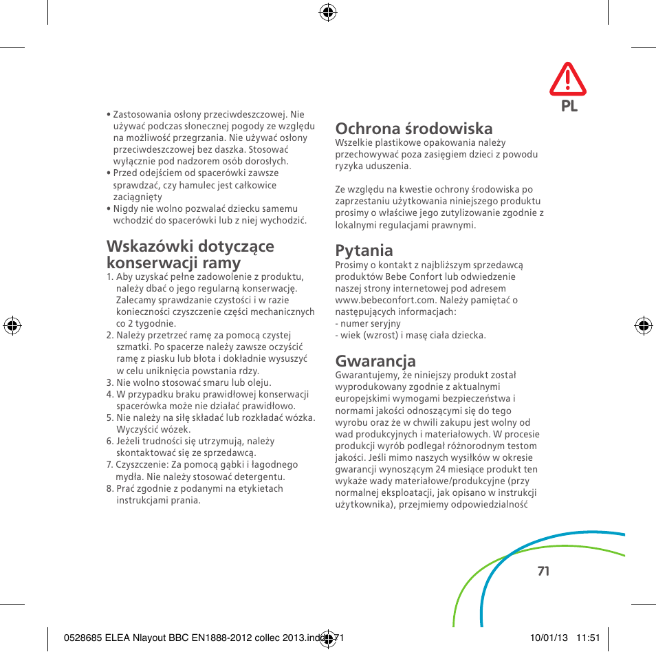 Wskazówki dotyczące konserwacji ramy, Ochrona środowiska, Pytania | Gwarancja | Bebe Confort Elea v.2 User Manual | Page 71 / 92