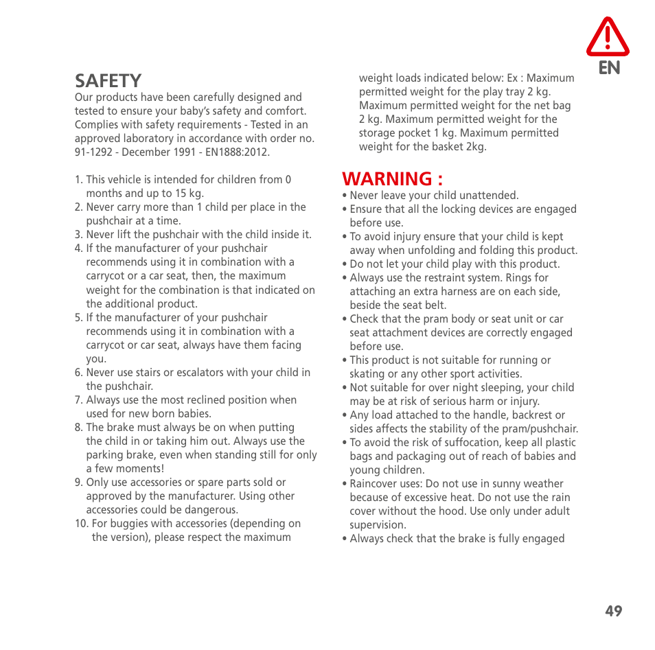 En safety, Warning | Bebe Confort Streety 3 User Manual | Page 49 / 88