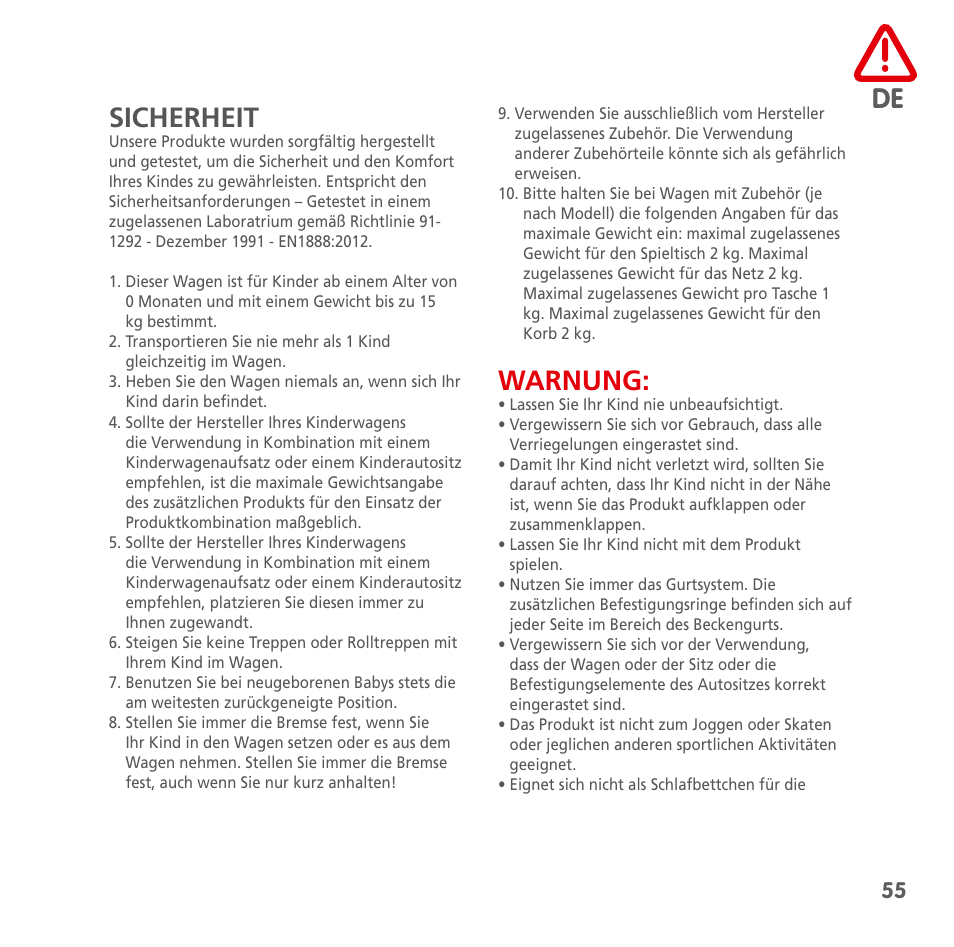 De sicherheit, Warnung | Bebe Confort Streety 3 User Manual | Page 55 / 88