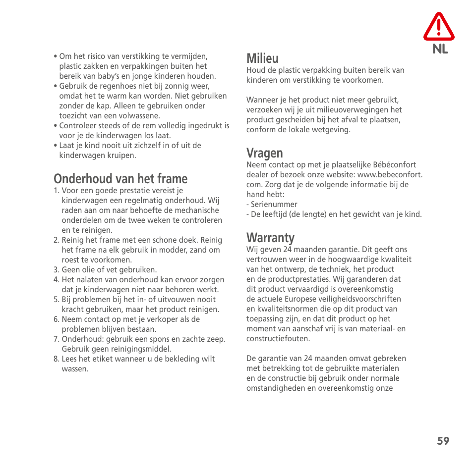 Onderhoud van het frame, Milieu, Vragen | Warranty | Bebe Confort Streety 3 User Manual | Page 59 / 88