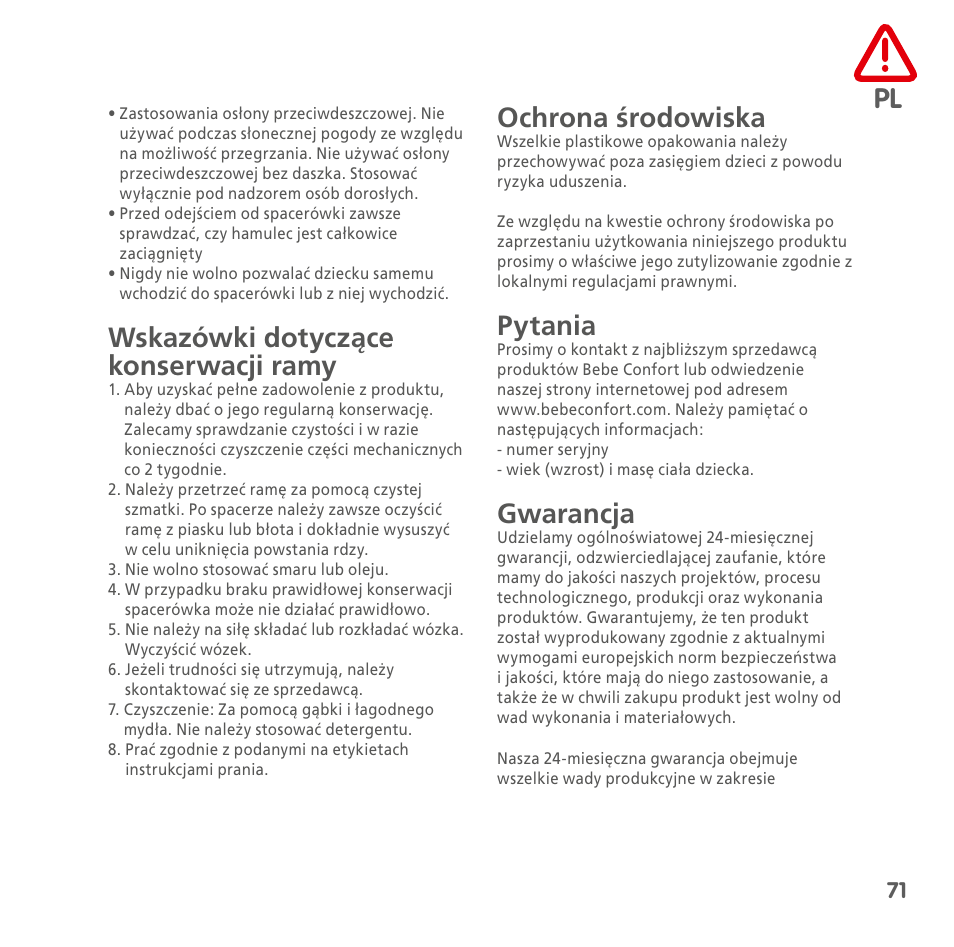 Wskazówki dotyczące konserwacji ramy, Ochrona środowiska, Pytania | Gwarancja | Bebe Confort Streety 3 User Manual | Page 71 / 88