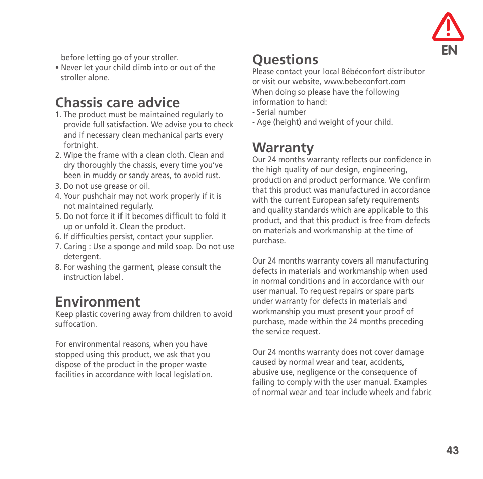 Chassis care advice, Environment, Questions | Warranty | Bebe Confort High Trek User Manual | Page 43 / 84