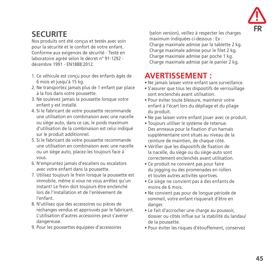 Fr securite, Avertissement | Bebe Confort High Trek User Manual | Page 45 / 84
