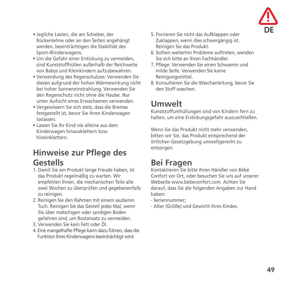 Hinweise zur pflege des gestells, Umwelt, Bei fragen | Bebe Confort High Trek User Manual | Page 49 / 84