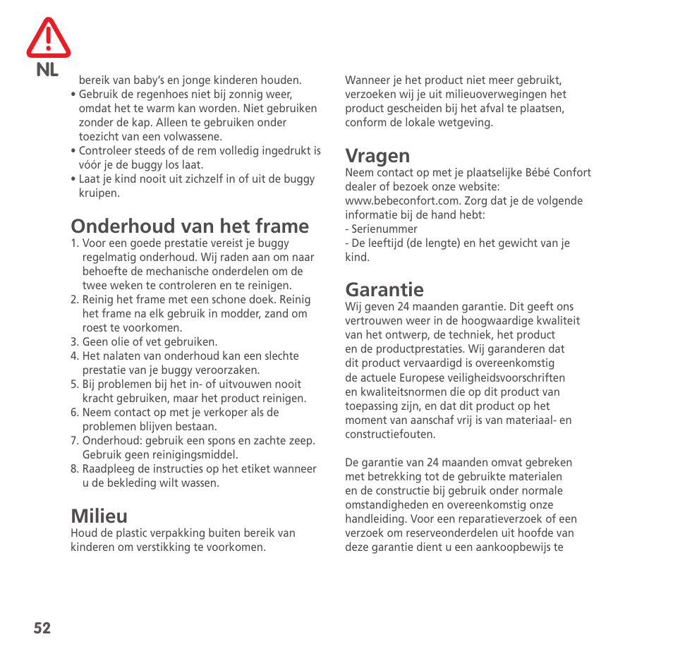 Onderhoud van het frame, Milieu, Vragen | Garantie | Bebe Confort High Trek User Manual | Page 52 / 84