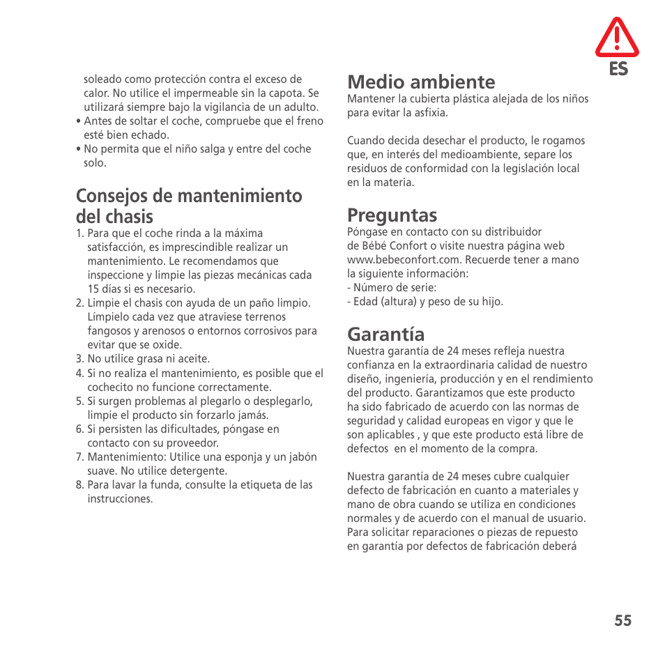 Consejos de mantenimiento del chasis, Medio ambiente, Preguntas | Garantía | Bebe Confort High Trek User Manual | Page 55 / 84