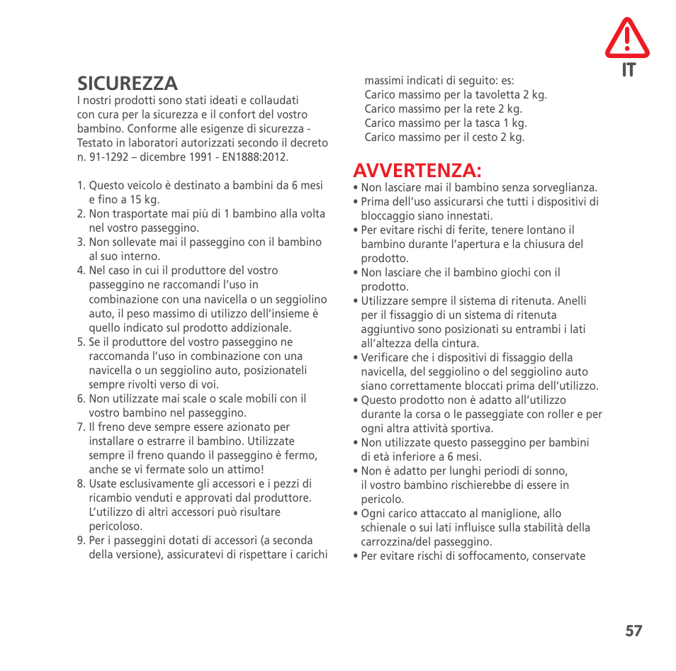 It sicurezza, Avvertenza | Bebe Confort High Trek User Manual | Page 57 / 84