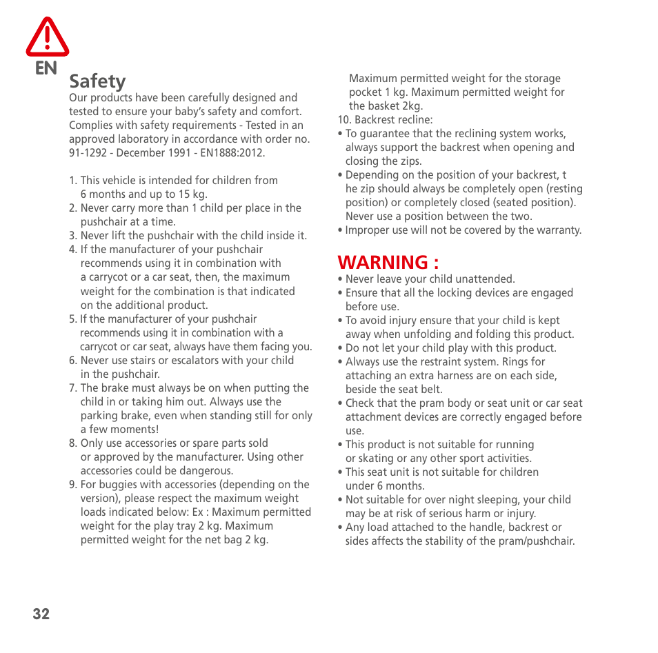 En safety, Warning | Bebe Confort Noa User Manual | Page 32 / 72