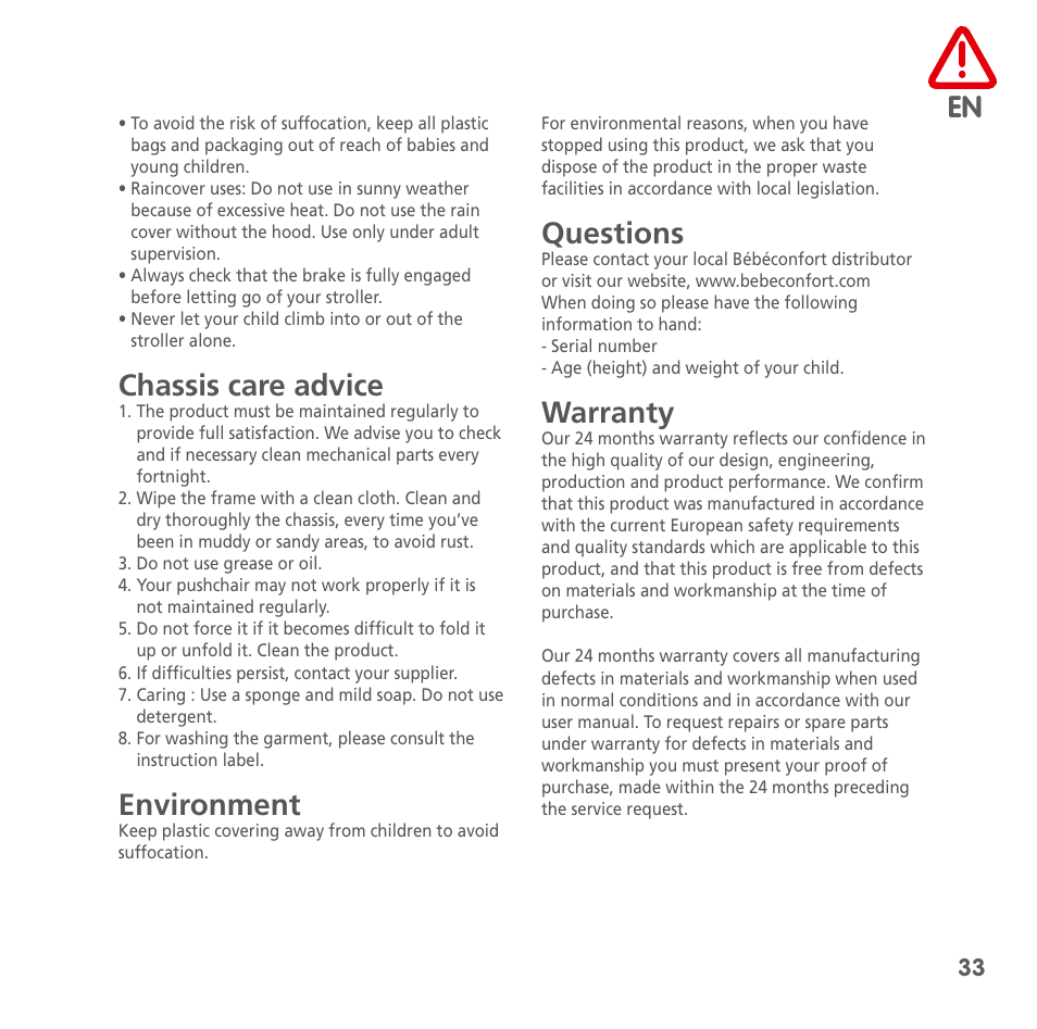 Chassis care advice, Environment, Questions | Warranty | Bebe Confort Noa User Manual | Page 33 / 72