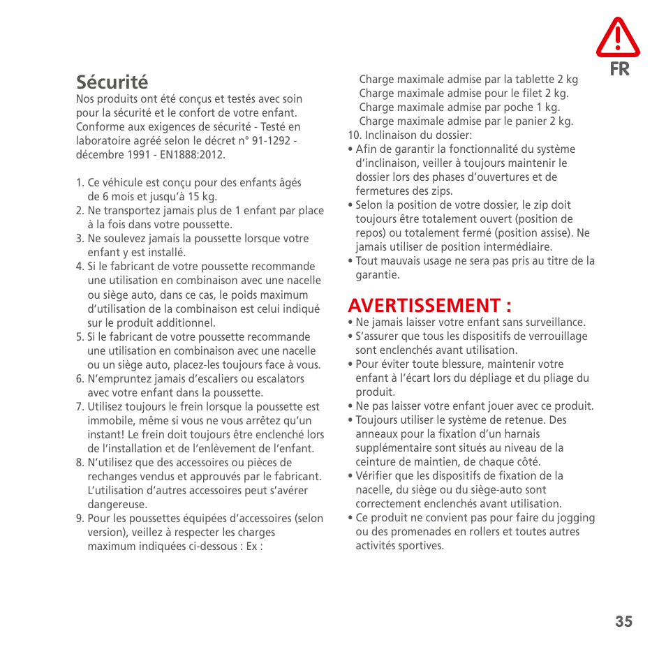 Fr sécurité, Avertissement | Bebe Confort Noa User Manual | Page 35 / 72
