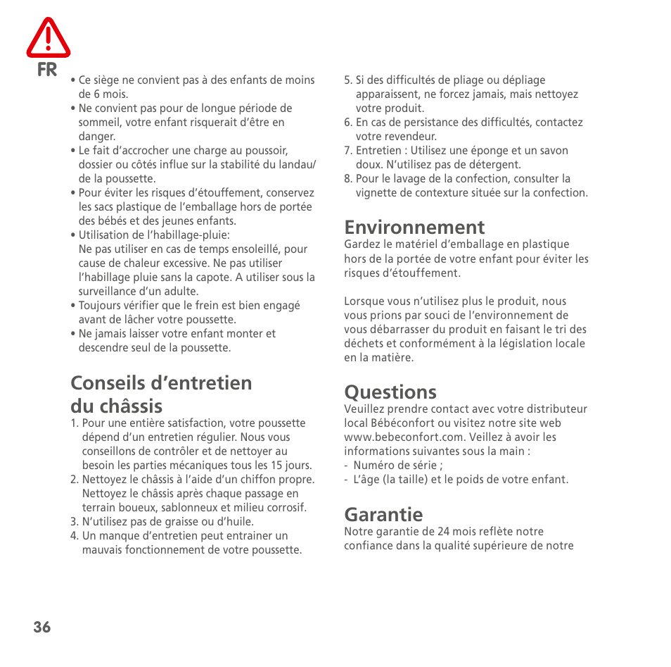 Conseils d’entretien du châssis, Environnement, Questions | Garantie | Bebe Confort Noa User Manual | Page 36 / 72