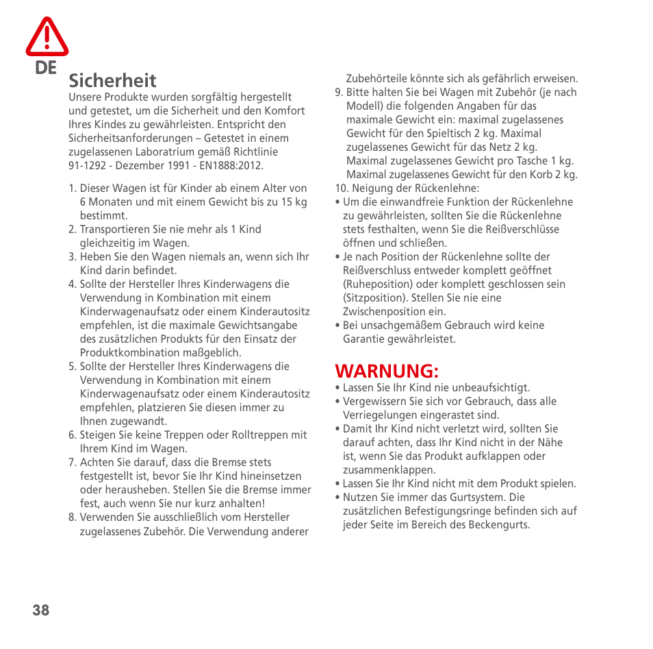 De sicherheit, Warnung | Bebe Confort Noa User Manual | Page 38 / 72