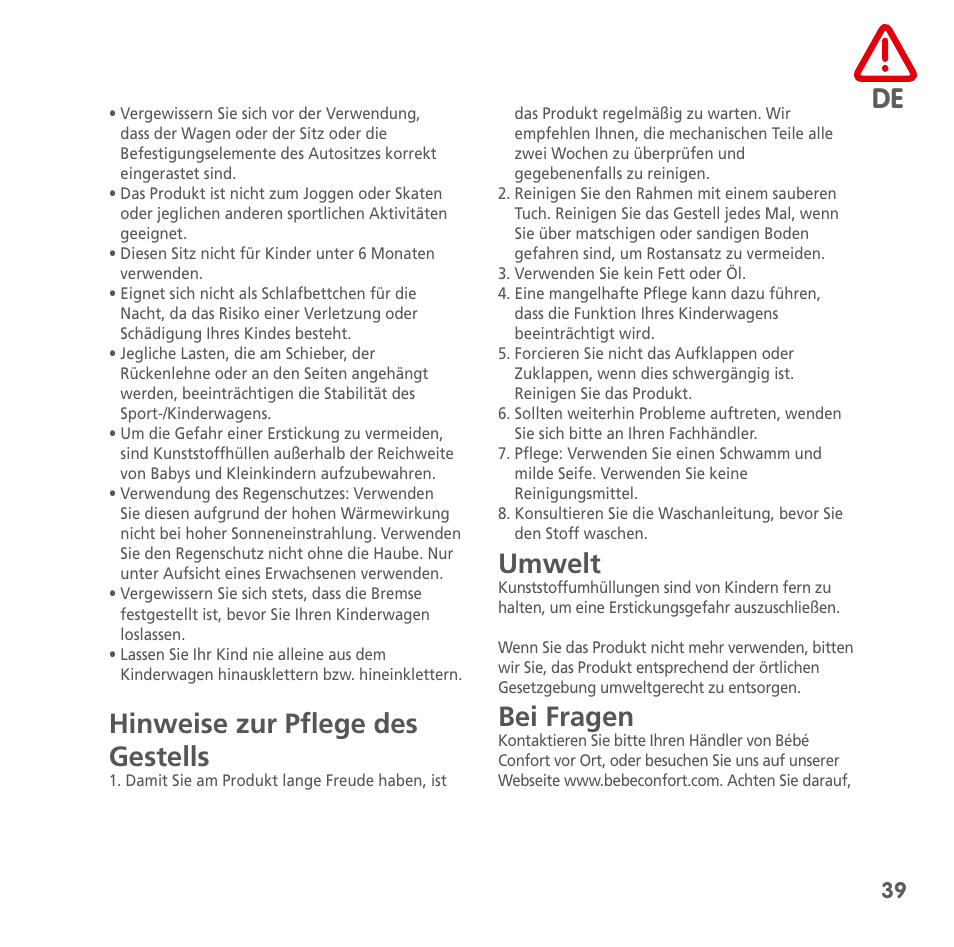 Hinweise zur pflege des gestells, Umwelt, Bei fragen | Bebe Confort Noa User Manual | Page 39 / 72