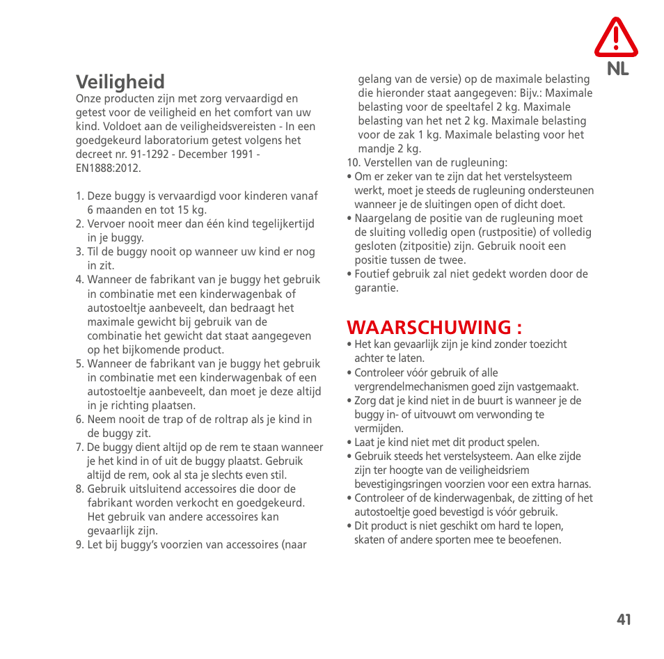 Nl veiligheid, Waarschuwing | Bebe Confort Noa User Manual | Page 41 / 72