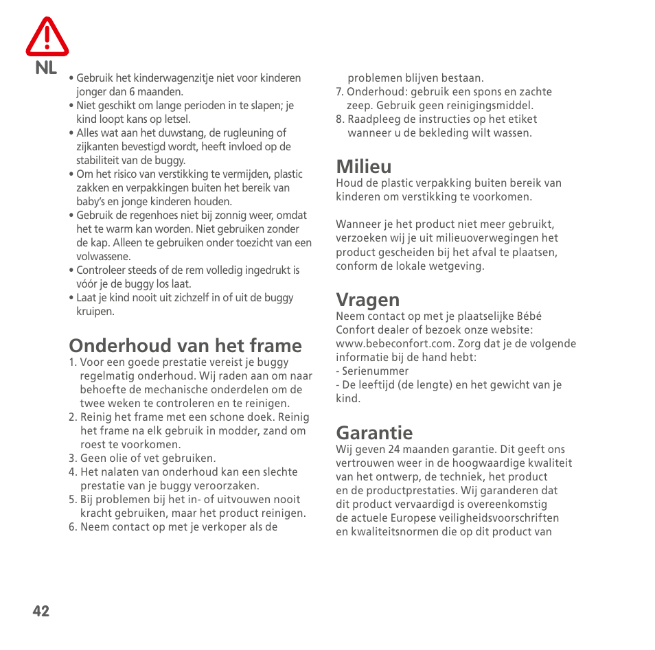 Onderhoud van het frame, Milieu, Vragen | Garantie | Bebe Confort Noa User Manual | Page 42 / 72