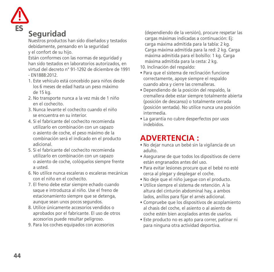 Es seguridad, Advertencia | Bebe Confort Noa User Manual | Page 44 / 72