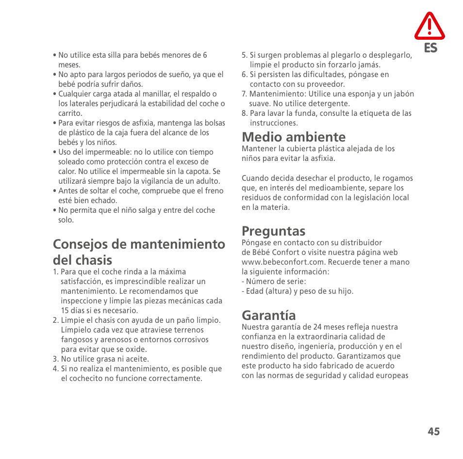 Consejos de mantenimiento del chasis, Medio ambiente, Preguntas | Garantía | Bebe Confort Noa User Manual | Page 45 / 72