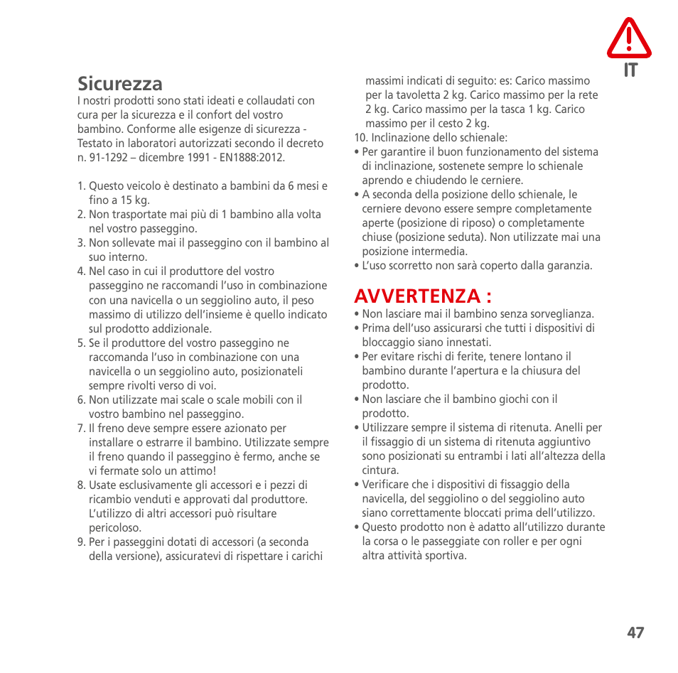 It sicurezza, Avvertenza | Bebe Confort Noa User Manual | Page 47 / 72